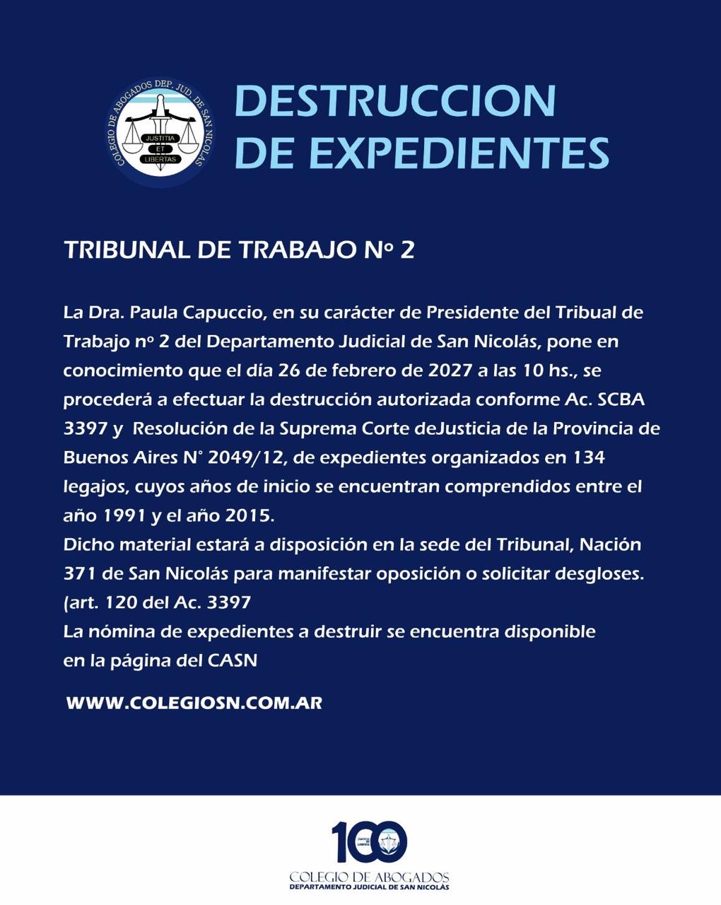 Destrucción de expedientes | Tribunal de Trabajo N.º 2