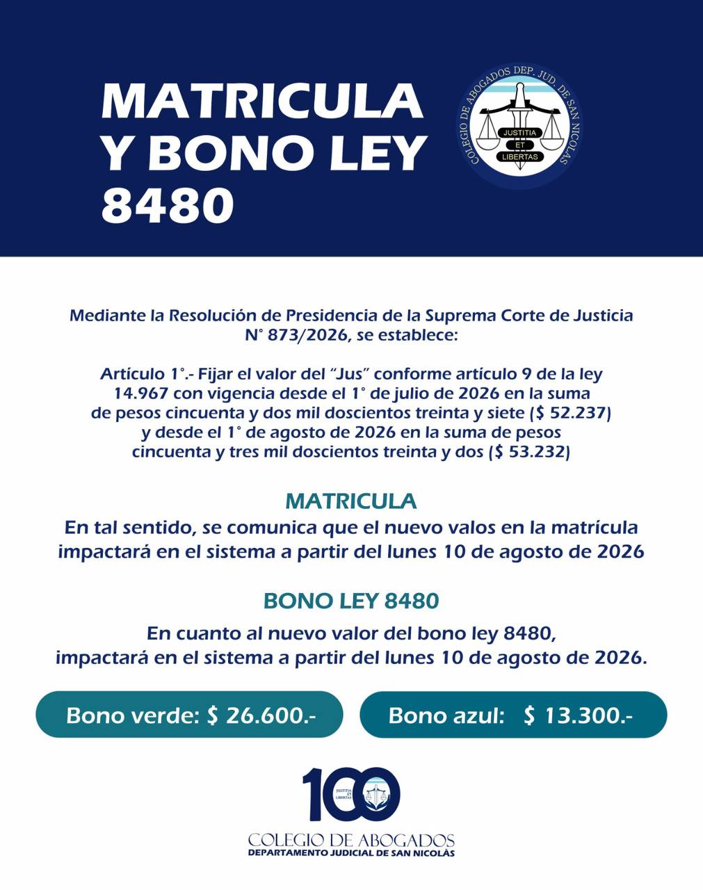 MATRICULA Y BONO LEY 8480